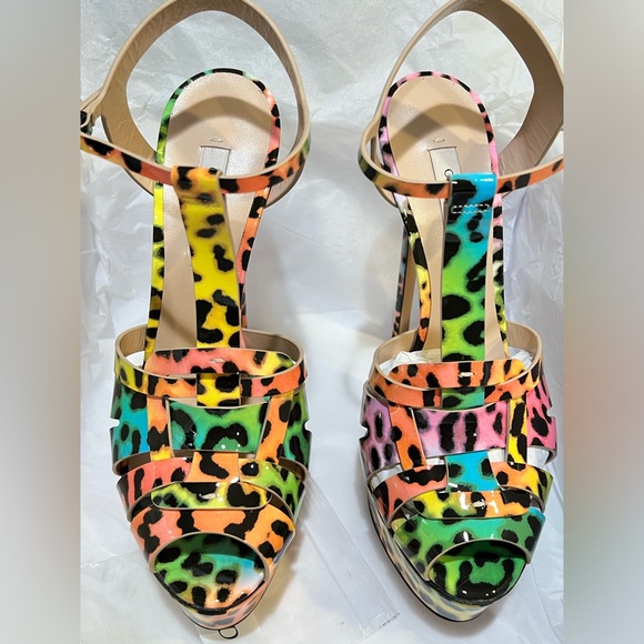 NEW CASADEI FLORA Leopard Colorful Patent Leather Platform Sandal Heels EU 38.5 - Picture 3 of 13